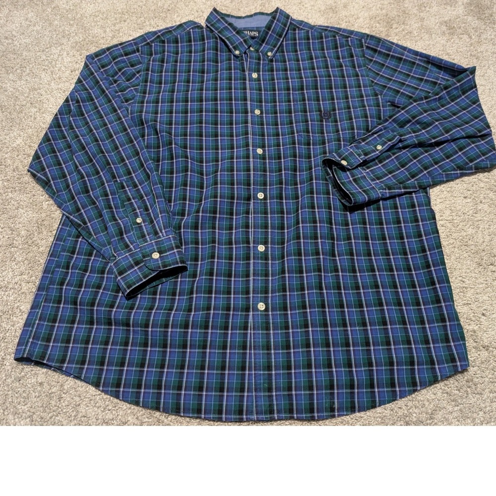 Chaps Button Down Shirt Mens XXL Blue Green Plaid Easy Care Long Sleeve Casual